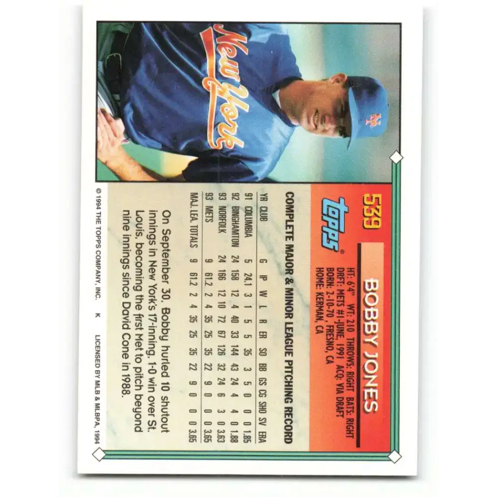 1994 Topps #539 Bobby Jones EX Excellent New York Mets Baseball Card - Baseball Card Single