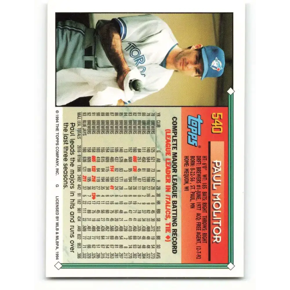 1994 Topps #540 Paul Molitor EX Excellent Toronto Blue Jays Baseball Card - Baseball Card Single