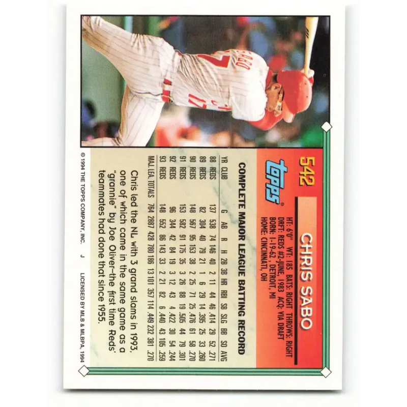 1994 Topps #542 Chris Sabo EX Excellent Cincinnati Reds Baseball Card - Baseball Card Single