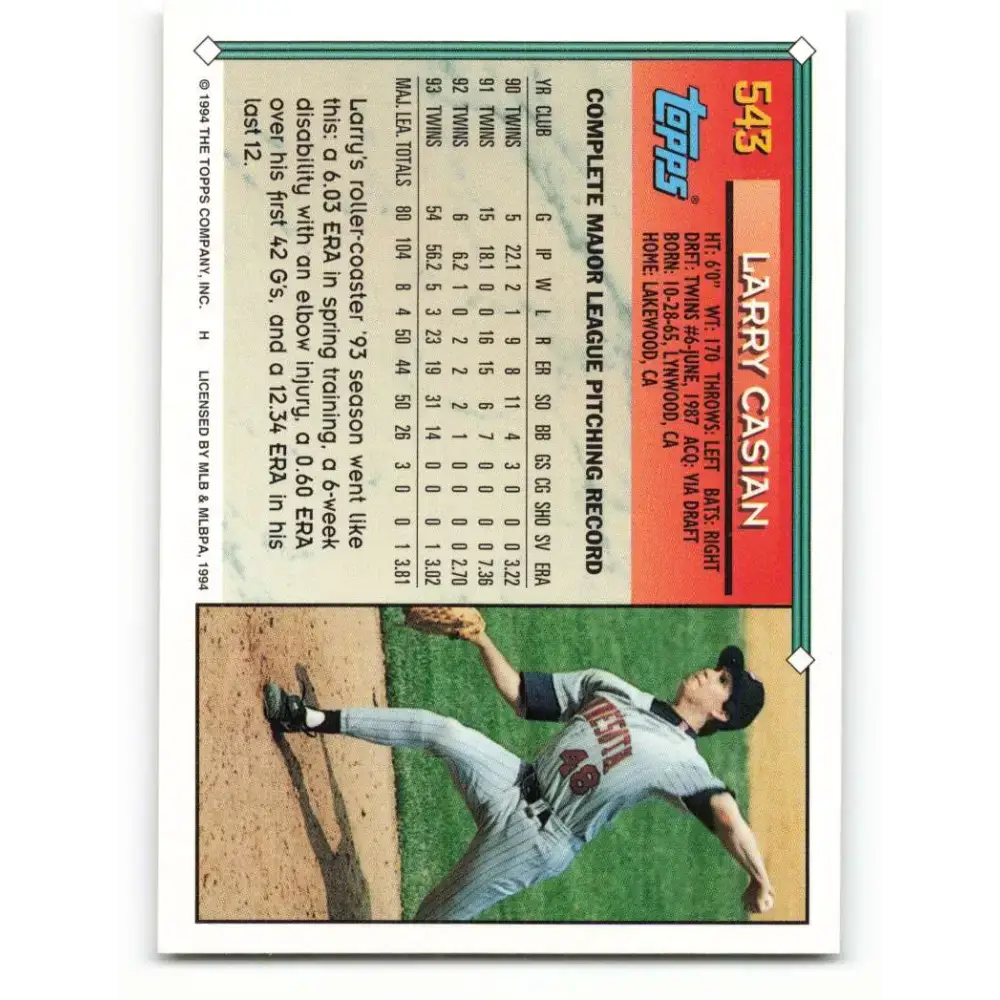 1994 Topps #543 Larry Casian EX Excellent Minnesota Twins Baseball Card - Baseball Card Single