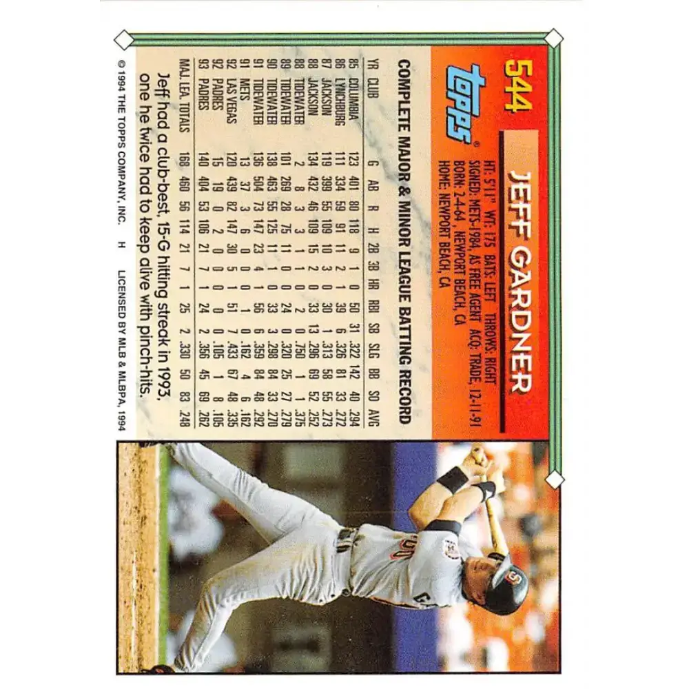 1994 Topps #544 Jeff Gardner EX Excellent San Diego Padres Baseball Card - Baseball Card Single