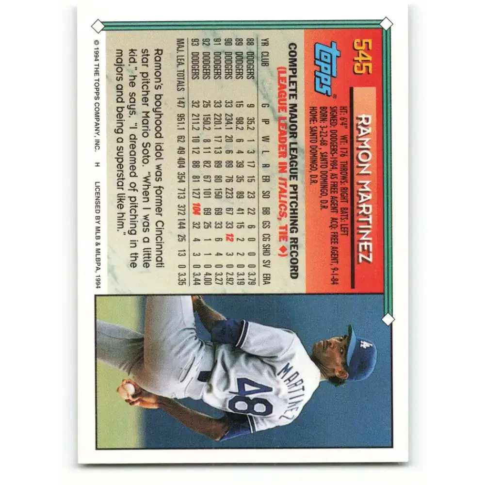 1994 Topps #545 Ramon Martinez EX Excellent Los Angeles Dodgers Baseball Card - Baseball Card Single