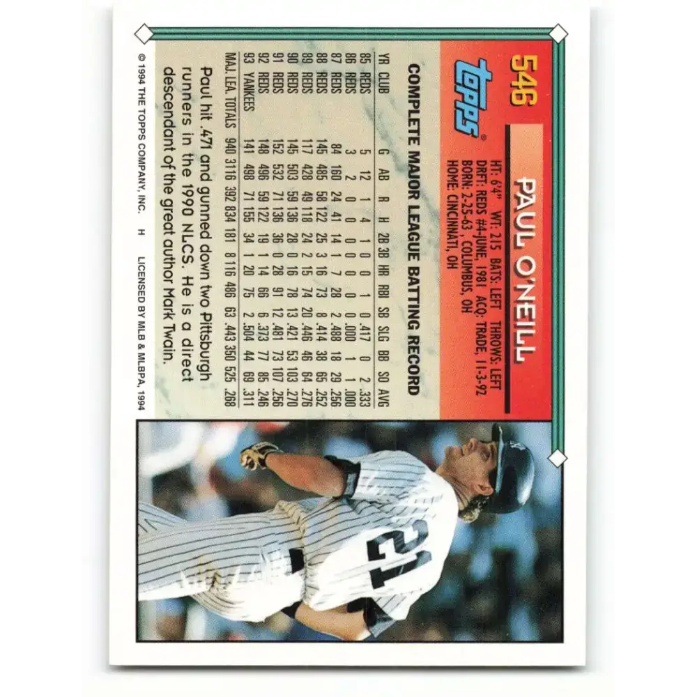 1994 Topps #546 Paul O’Neill EX Excellent New York Yankees Baseball Card - Baseball Card Single