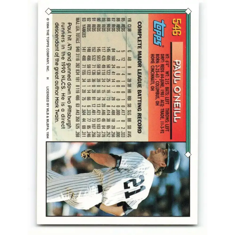 1994 Topps #546 Paul O’Neill EX Excellent New York Yankees Baseball Card - Baseball Card Single