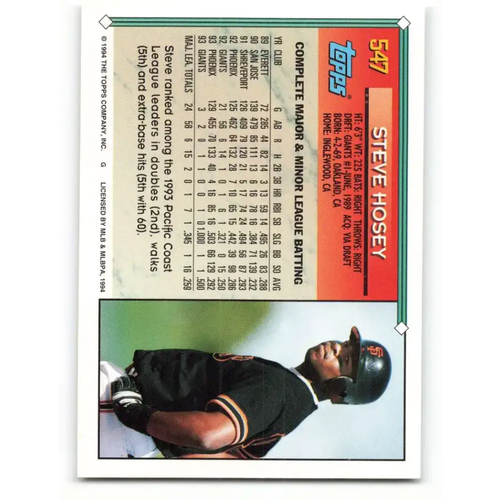 1994 Topps #547 Steve Hosey EX Excellent San Francisco Giants Baseball Card - Baseball Card Single