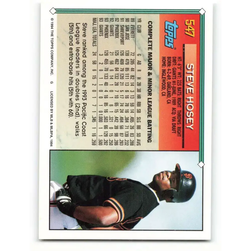 1994 Topps #547 Steve Hosey EX Excellent San Francisco Giants Baseball Card - Baseball Card Single