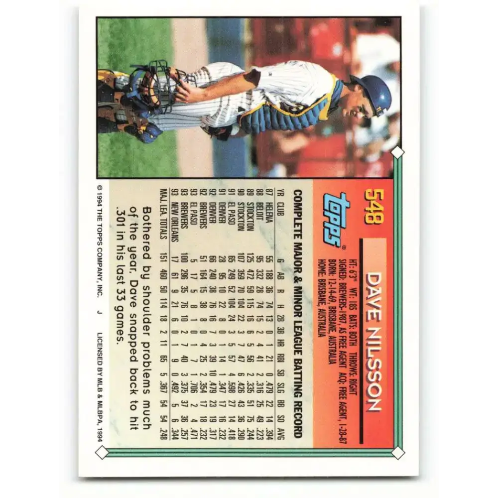 1994 Topps #548 Dave Nilsson EX Excellent Milwaukee Brewers Baseball Card - Baseball Card Single