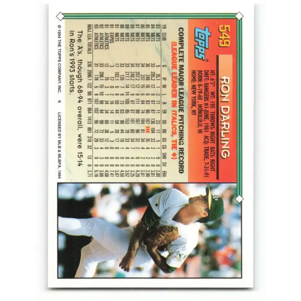 1994 Topps #549 Ron Darling EX Excellent Oakland Athletics Baseball Card - Baseball Card Single