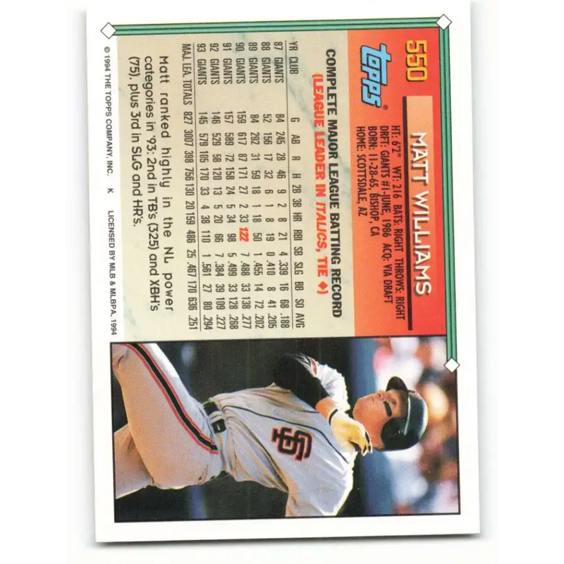 1994 Topps #550 Matt Williams EX Excellent San Francisco Giants Baseball Card - Baseball Card Single