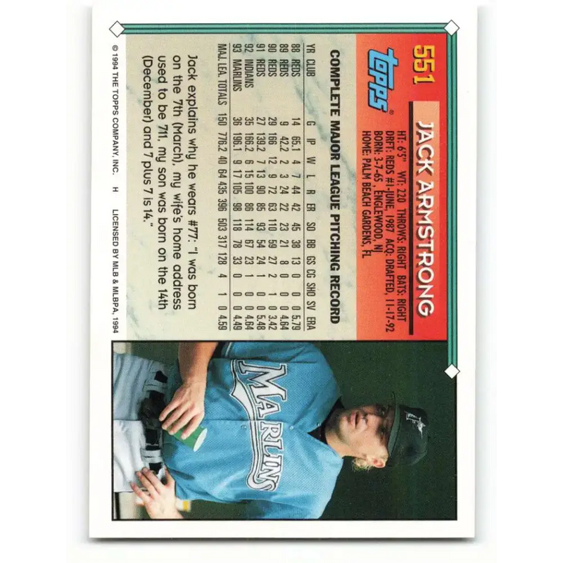 1994 Topps #551 Jack Armstrong EX Excellent Florida Marlins Baseball Card - Baseball Card Single
