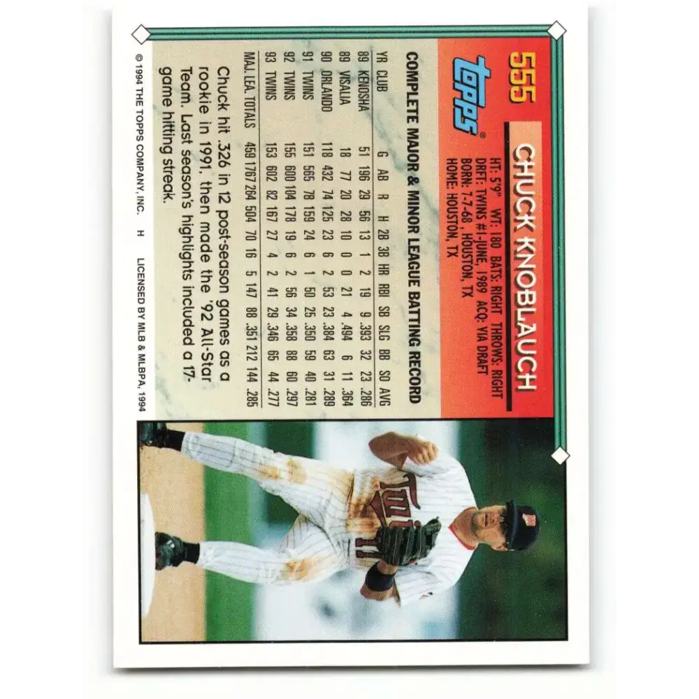 1994 Topps #555 Chuck Knoblauch EX Excellent Minnesota Twins Baseball Card - Baseball Card Single