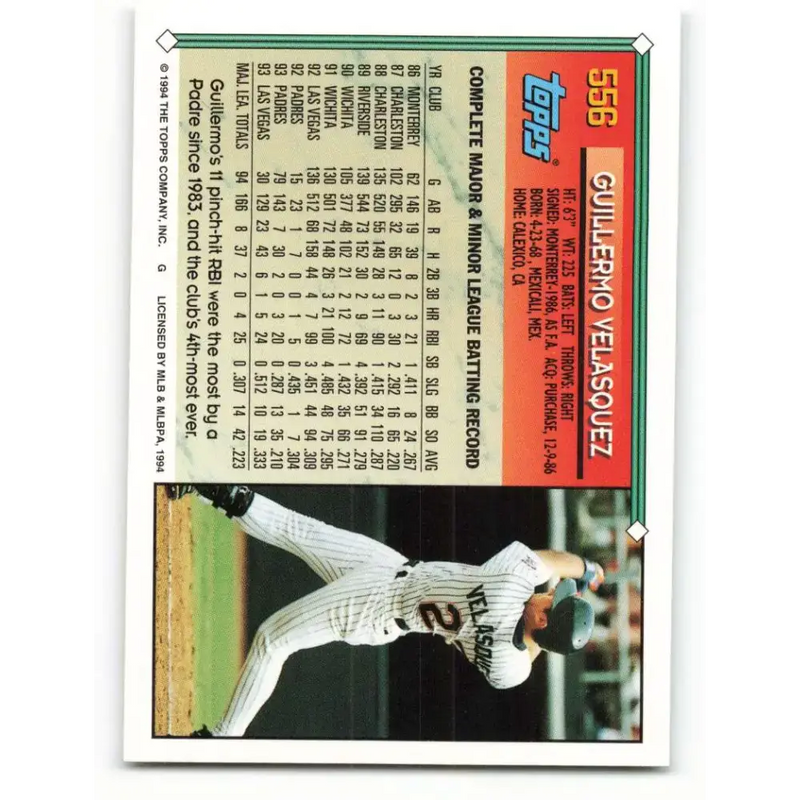 1994 Topps #556 Guillermo Velasquez EX Excellent San Diego Padres Baseball Card - Baseball Card Single