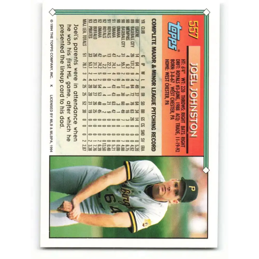 1994 Topps #557 Joel Johnston EX Excellent Pittsburgh Pirates Baseball Card - Baseball Card Single