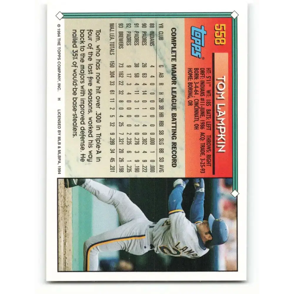 1994 Topps #558 Tom Lampkin EX Excellent Milwaukee Brewers Baseball Card - Baseball Card Single