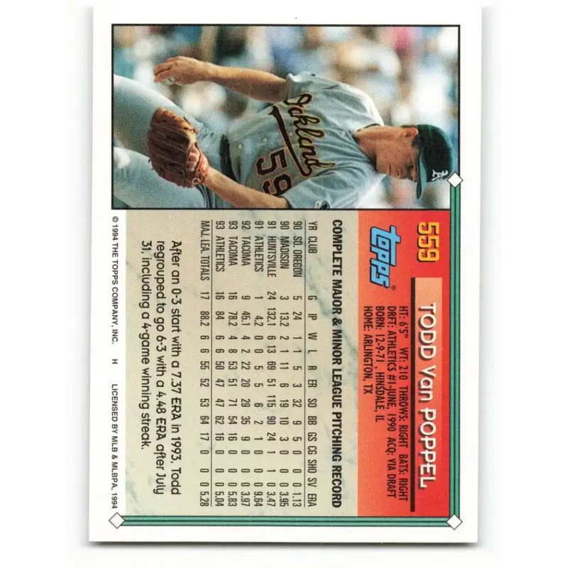 1994 Topps #559 Todd Van Poppel EX Excellent Oakland Athletics Baseball Card - Baseball Card Single