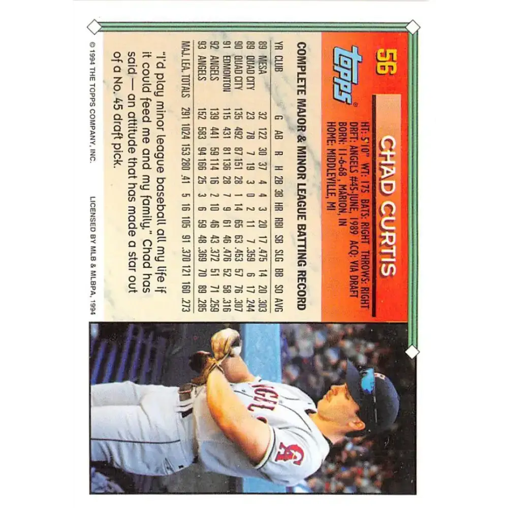 1994 Topps #56 Chad Curtis EX Excellent California Angels Baseball Card - Baseball Card Single