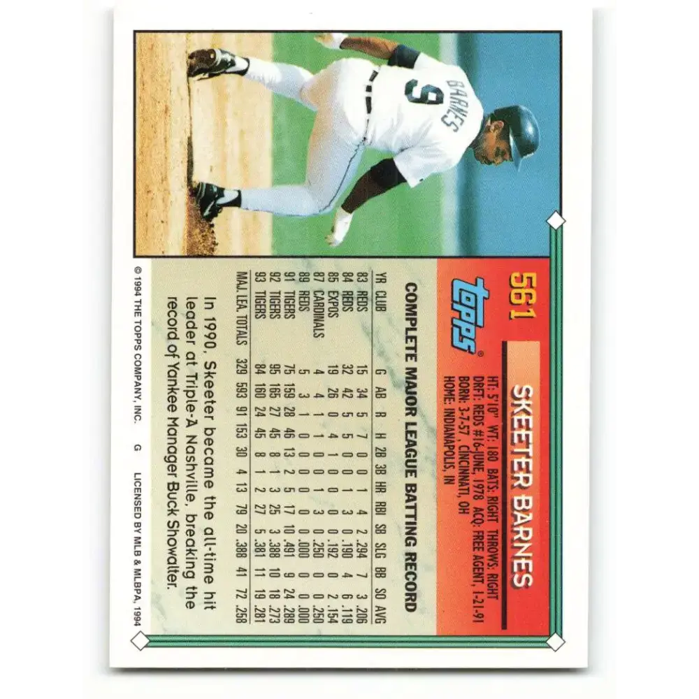 1994 Topps #561 Skeeter Barnes EX Excellent Detroit Tigers Baseball Card - Baseball Card Single