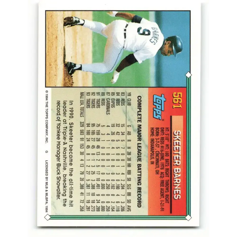 1994 Topps #561 Skeeter Barnes EX Excellent Detroit Tigers Baseball Card - Baseball Card Single