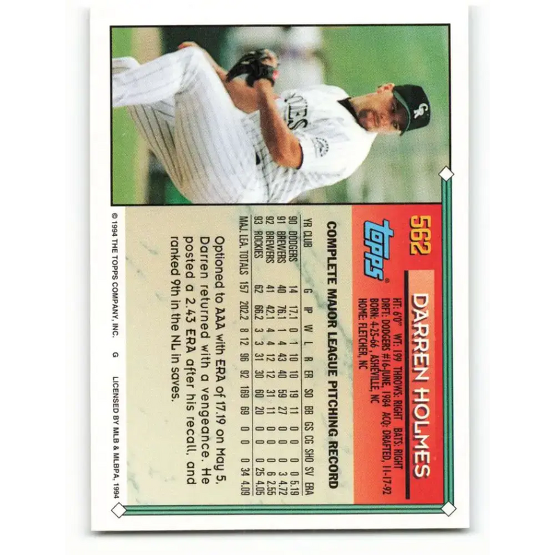 1994 Topps #562 Darren Holmes EX Excellent Colorado Rockies Baseball Card - Baseball Card Single