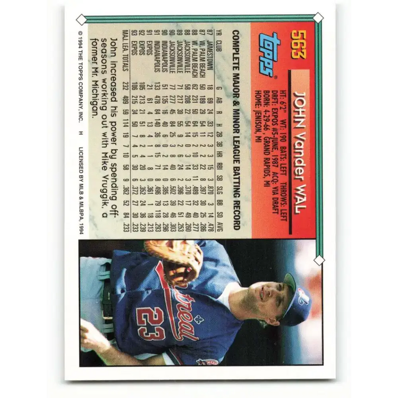 1994 Topps #563 John Vander Wal EX Excellent Montreal Expos Baseball Card - Baseball Card Single