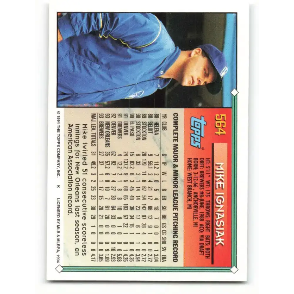1994 Topps #564 Mike Ignasiak EX Excellent Milwaukee Brewers Baseball Card - Baseball Card Single