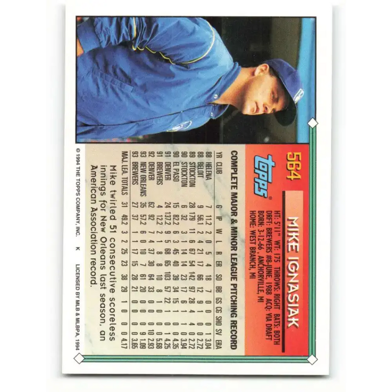1994 Topps #564 Mike Ignasiak EX Excellent Milwaukee Brewers Baseball Card - Baseball Card Single