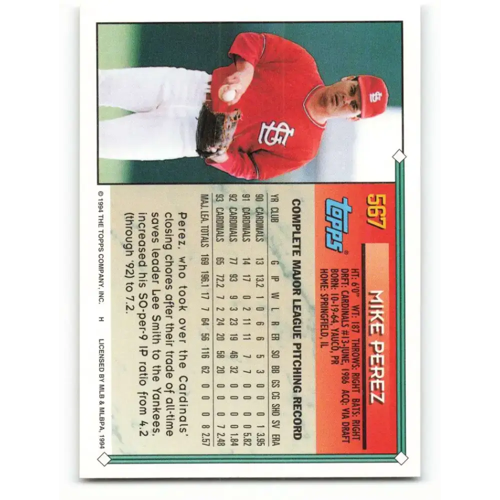 1994 Topps #567 Mike Perez EX Excellent St. Louis Cardinals Baseball Card - Baseball Card Single