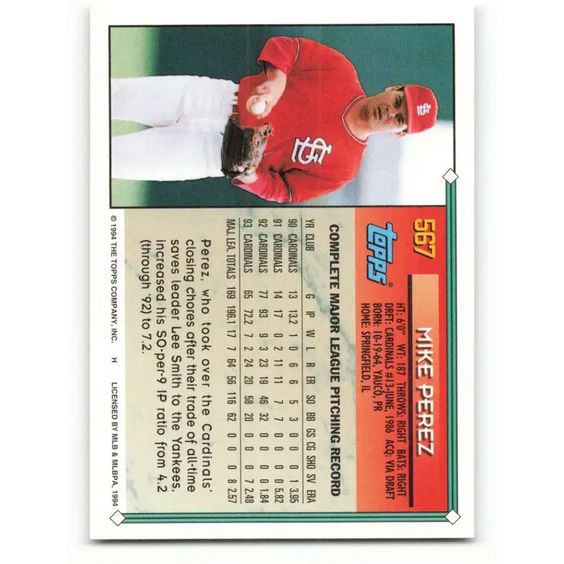 1994 Topps #567 Mike Perez EX Excellent St. Louis Cardinals Baseball Card - Baseball Card Single