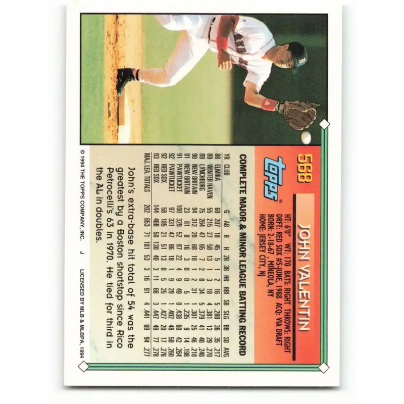 1994 Topps #568 John Valentin EX Excellent Boston Red Sox Baseball Card - Baseball Card Single