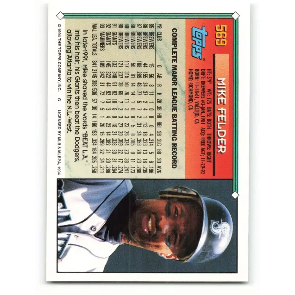 1994 Topps #569 Mike Felder EX Excellent Seattle Mariners Baseball Card - Baseball Card Single