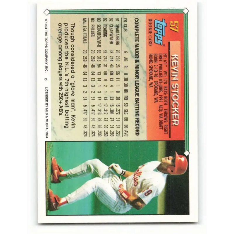 1994 Topps #57 Kevin Stocker EX Excellent Philadelphia Phillies Baseball Card - Baseball Card Single