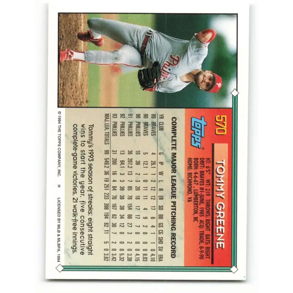 1994 Topps #570 Tommy Greene EX Excellent Philadelphia Phillies Baseball Card - Baseball Card Single