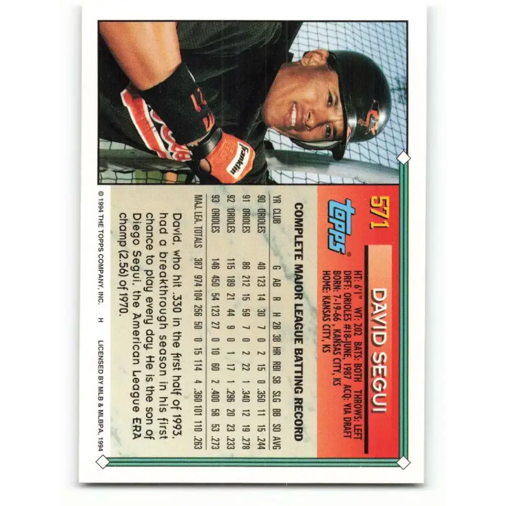 1994 Topps #571 David Segui EX Excellent Baltimore Orioles Baseball Card - Baseball Card Single
