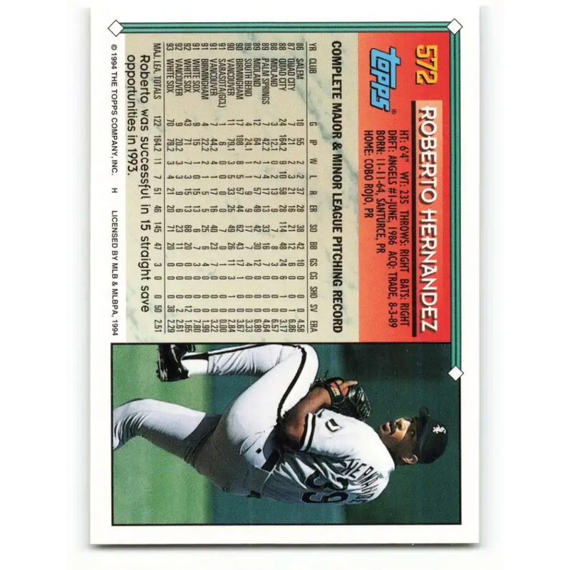1994 Topps #572 Roberto Hernandez EX Excellent Chicago White Sox Baseball Card - Baseball Card Single