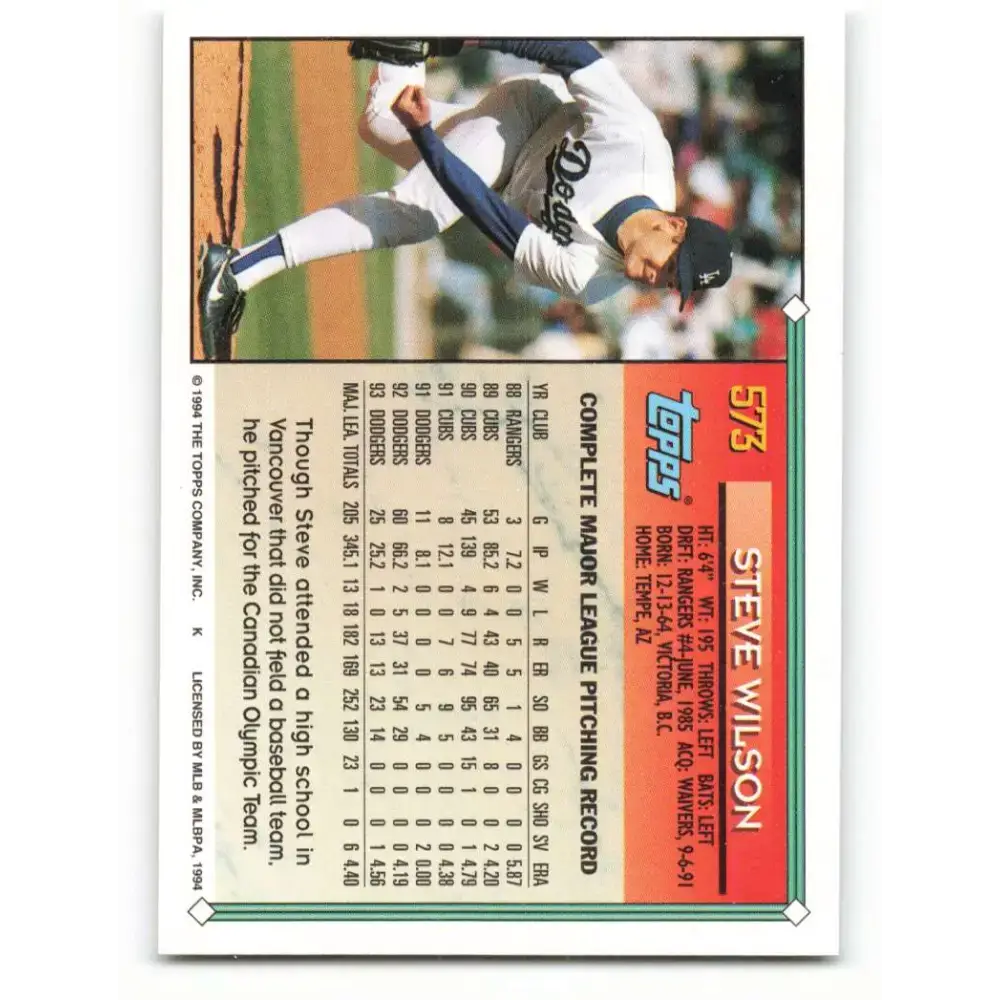 1994 Topps #573 Steve Wilson EX Excellent Los Angeles Dodgers Baseball Card - Baseball Card Single