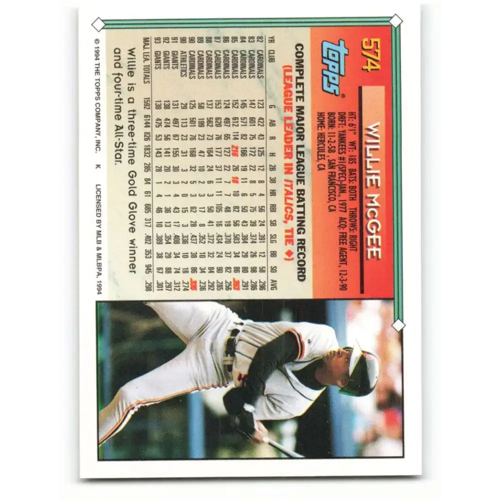 1994 Topps #574 Willie McGee EX Excellent San Francisco Giants Baseball Card - Baseball Card Single
