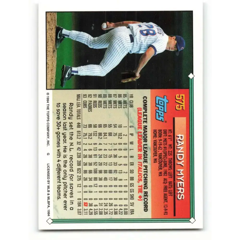 1994 Topps #575 Randy Myers EX Excellent Chicago Cubs Baseball Card - Baseball Card Single