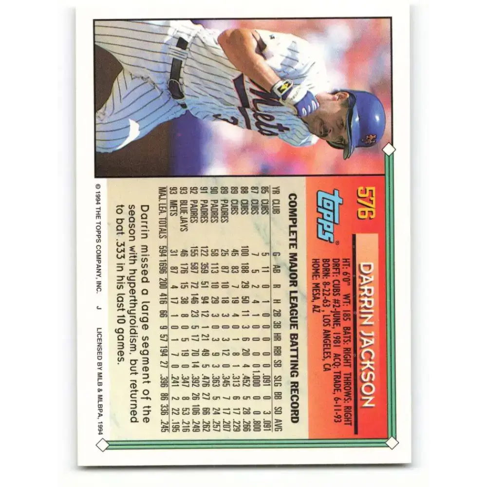 1994 Topps #576 Darrin Jackson EX Excellent New York Mets Baseball Card - Baseball Card Single