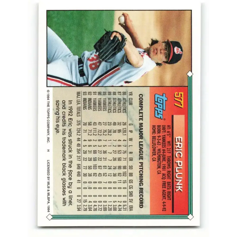 1994 Topps #577 Eric Plunk EX Excellent Cleveland Indians Baseball Card - Baseball Card Single