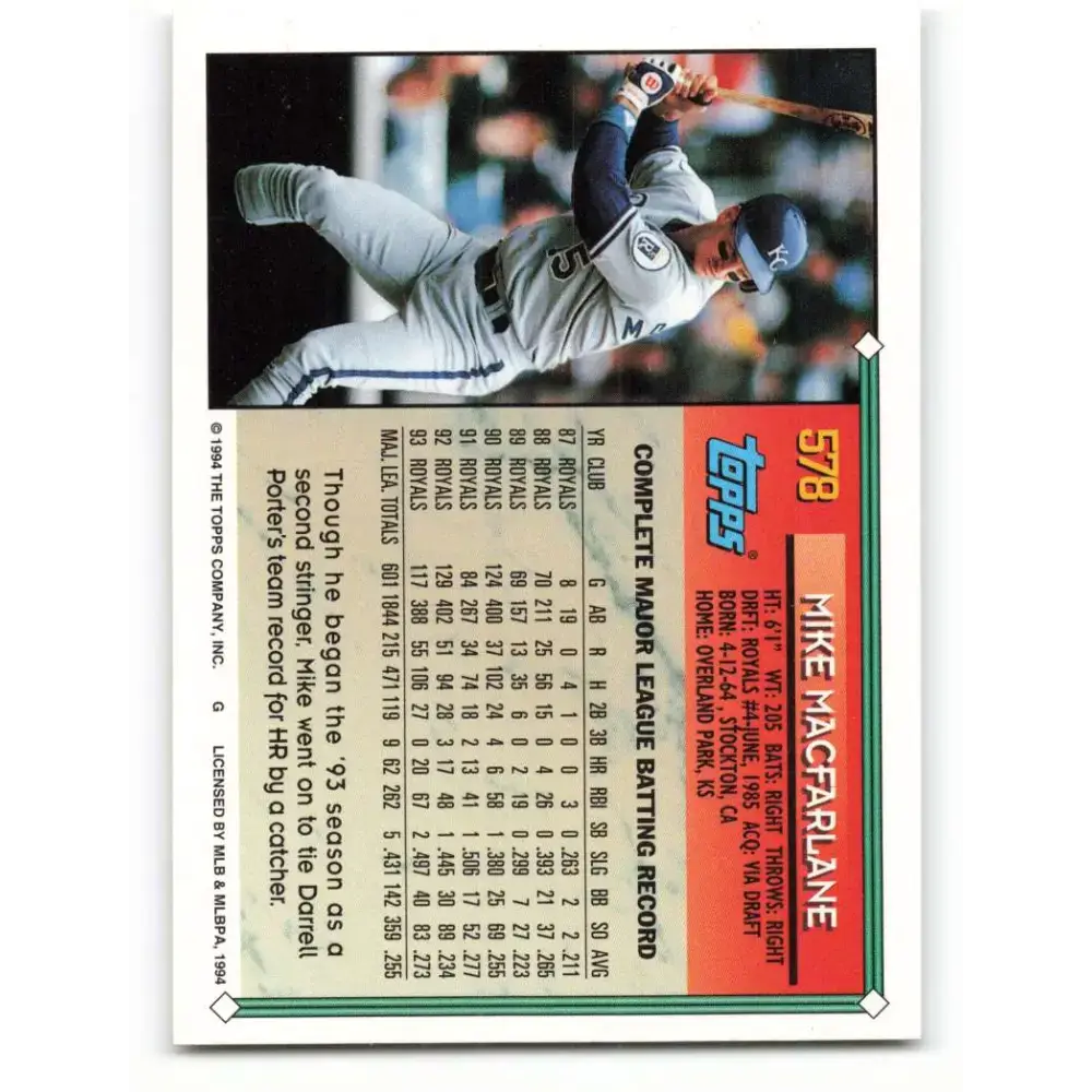 1994 Topps #578 Mike Macfarlane EX Excellent Kansas City Royals Baseball Card - Baseball Card Single