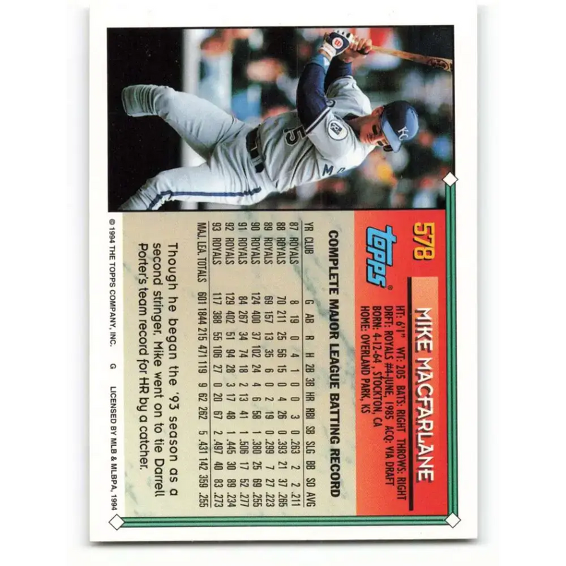 1994 Topps #578 Mike Macfarlane EX Excellent Kansas City Royals Baseball Card - Baseball Card Single