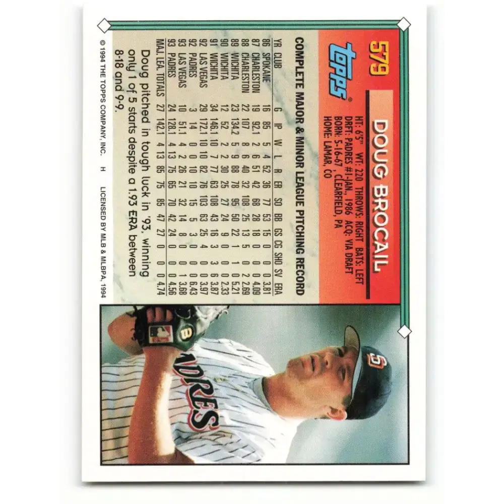 1994 Topps #579 Doug Brocail EX Excellent San Diego Padres Baseball Card - Baseball Card Single