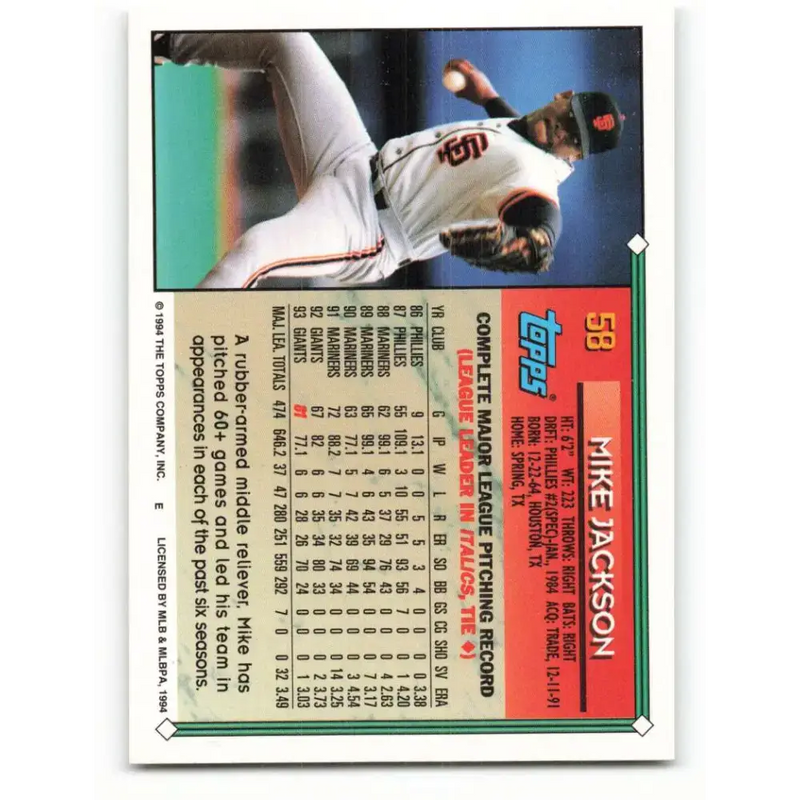 1994 Topps #58 Mike Jackson EX Excellent San Francisco Giants Baseball Card - Baseball Card Single