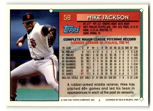 Vintage 1994 Topps Mike Jackson baseball card with original gloss and NrMt condition