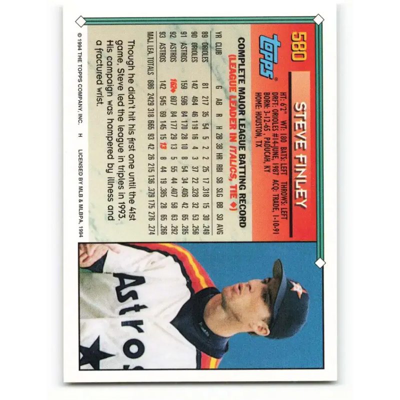1994 Topps #580 Steve Finley EX Excellent Houston Astros Baseball Card - Baseball Card Single