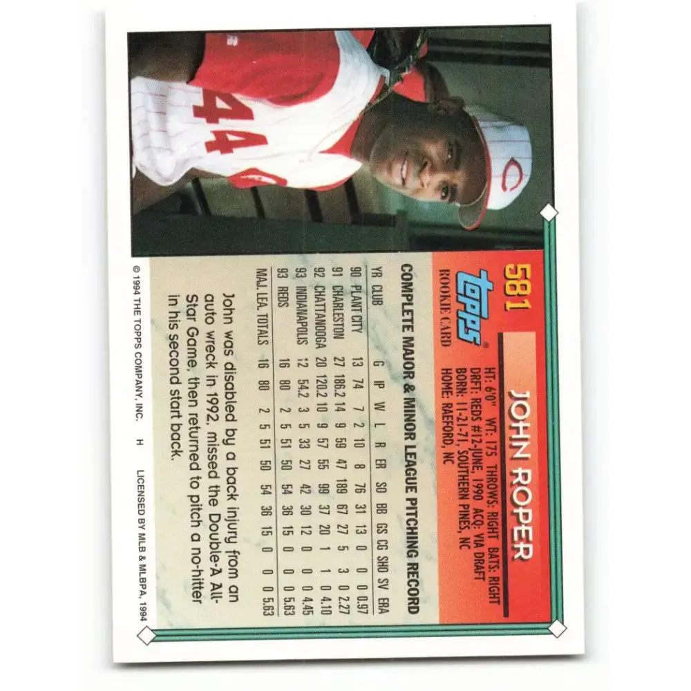 1994 Topps #581 John Roper EX Excellent Cincinnati Reds Baseball Card - Baseball Card Single