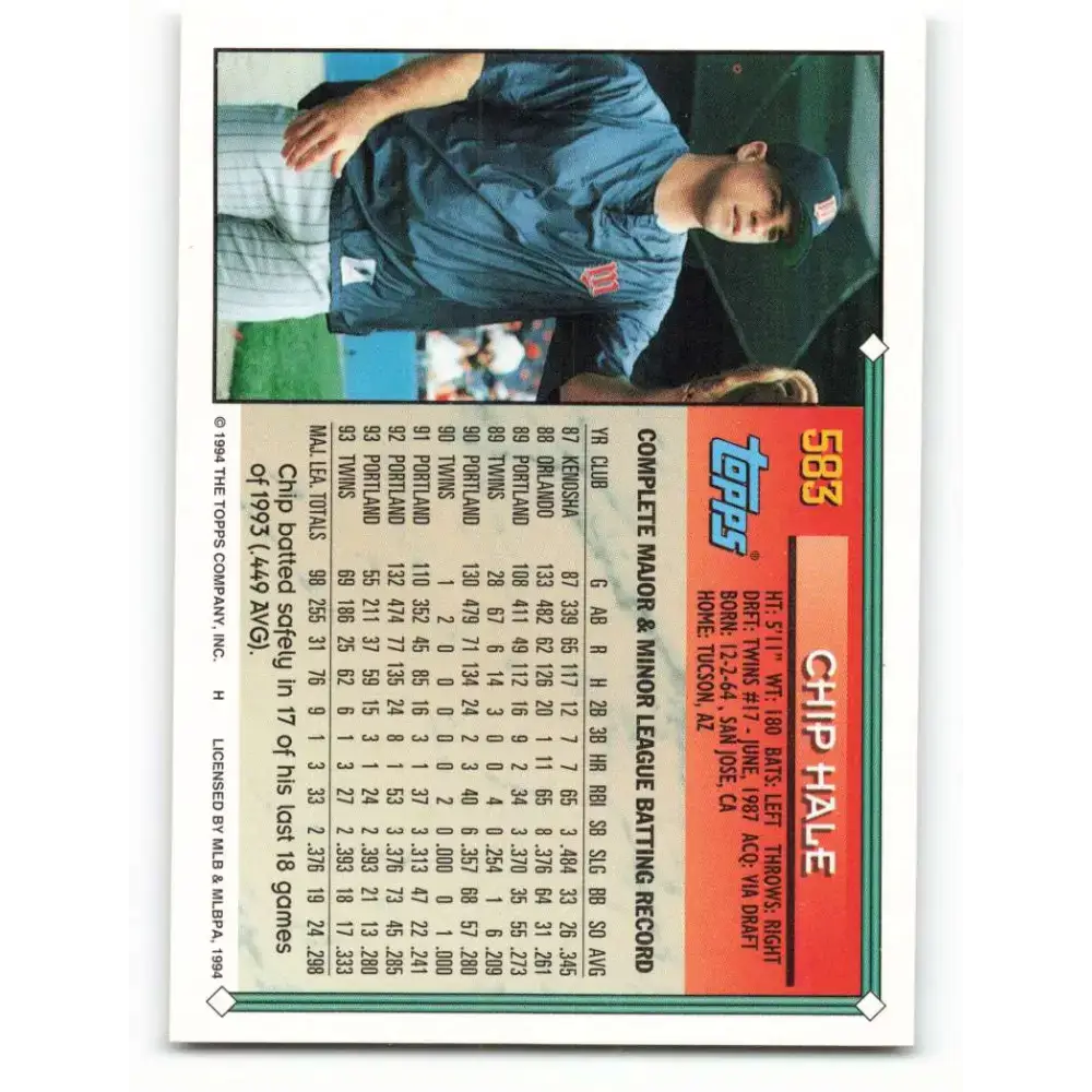 1994 Topps #583 Chip Hale EX Excellent Minnesota Twins Baseball Card - Baseball Card Single