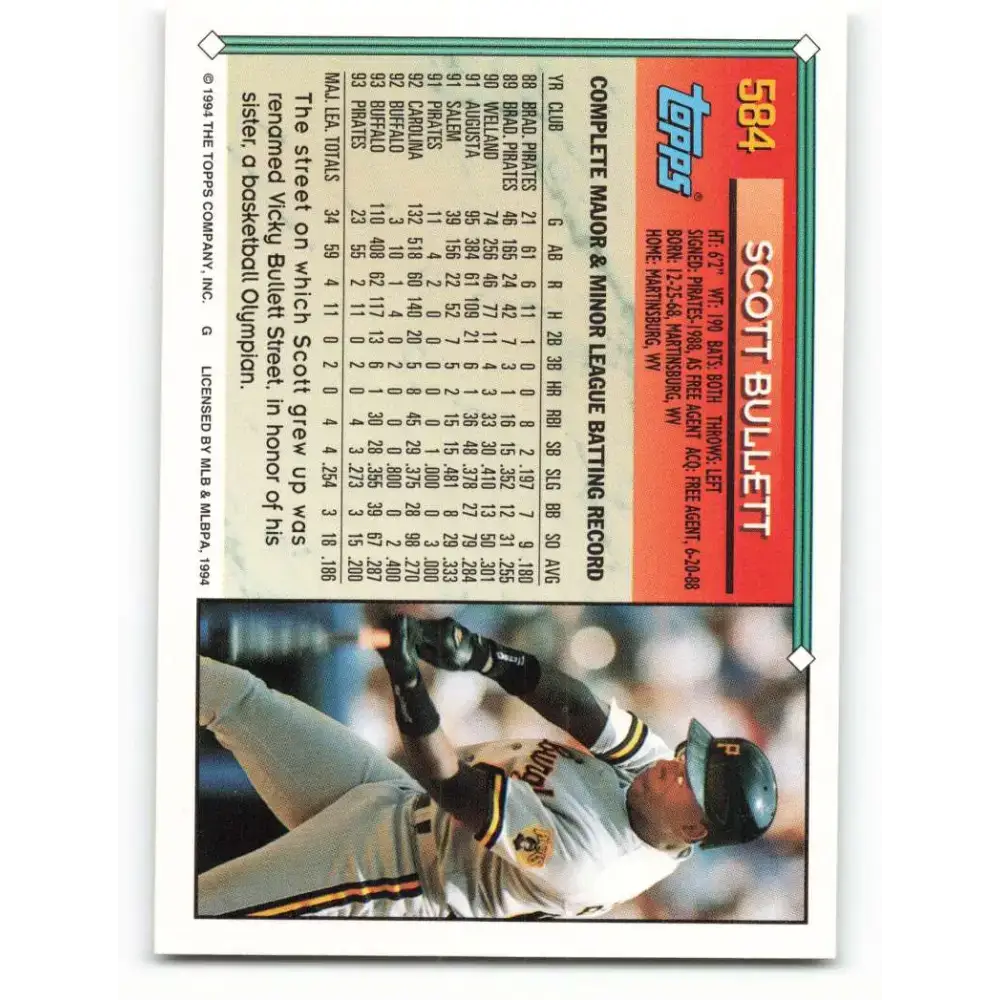 1994 Topps #584 Scott Bullett EX Excellent Pittsburgh Pirates Baseball Card - Baseball Card Single