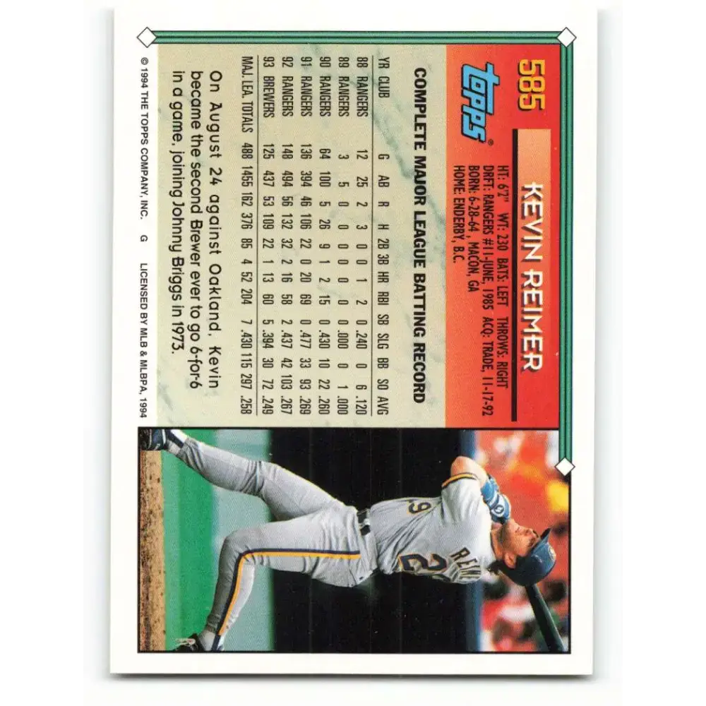1994 Topps #585 Kevin Reimer EX Excellent Milwaukee Brewers Baseball Card - Baseball Card Single