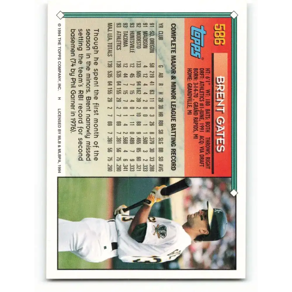1994 Topps #586 Brent Gates EX Excellent Oakland Athletics Baseball Card - Baseball Card Single